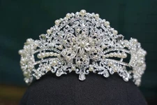 Ornate Pearl Headdress Silver Crystal Tiara Wedding Bridal