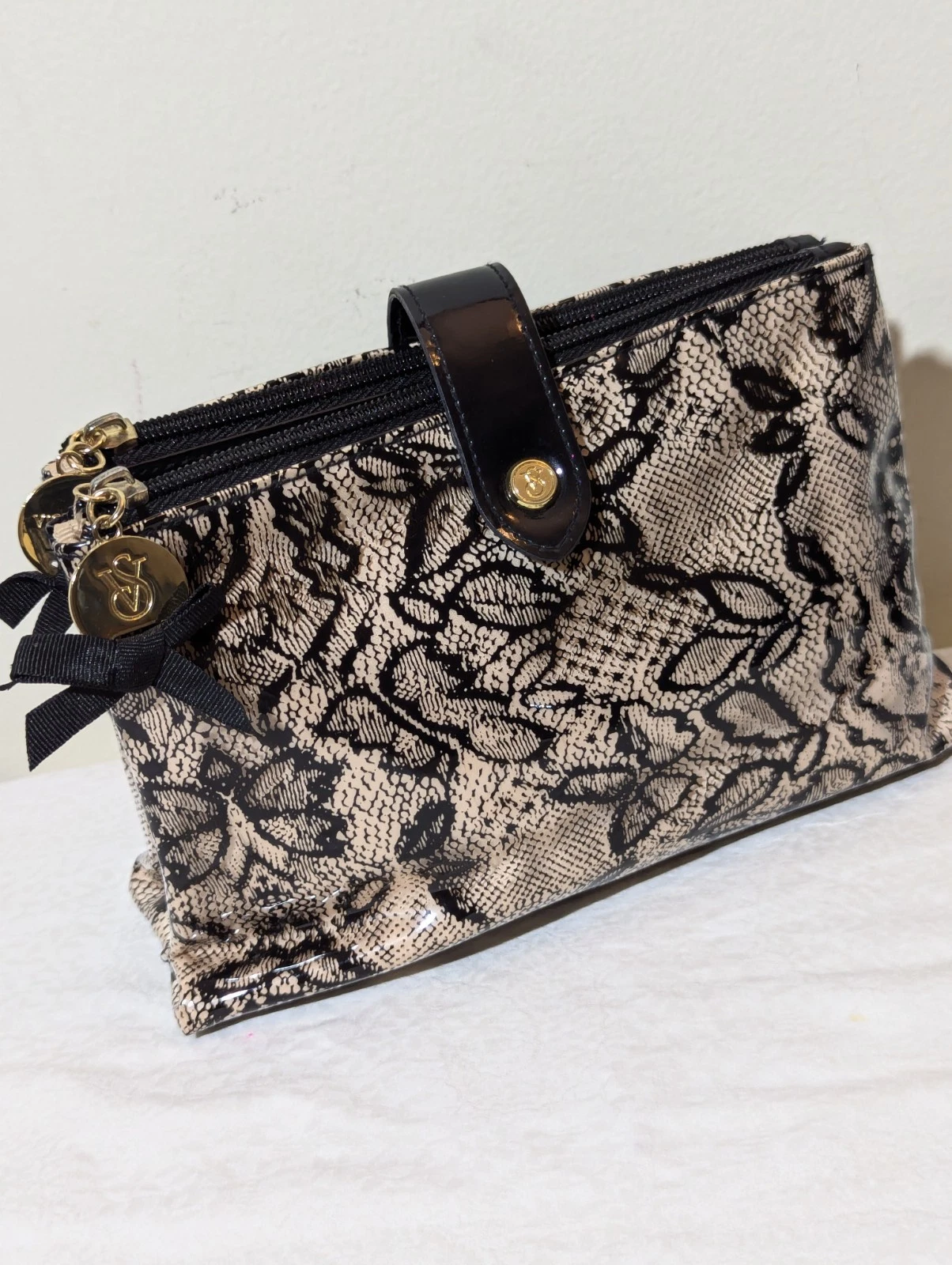 RARE ! VS Clear Double Zip Cosmetic Bag - Black Lace Design - Separates into TWO