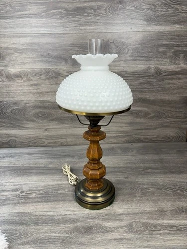 Vintage MCM White Hobnail Milk Glass Hurricane Lamp With Wood Base