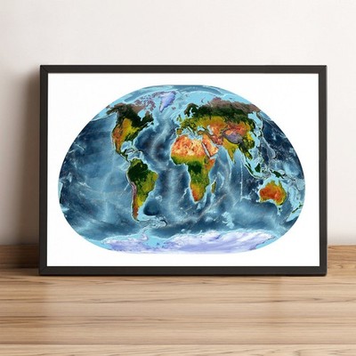 World Map, Loximuthal Projection World Map, Printed and Framed World Relief Map