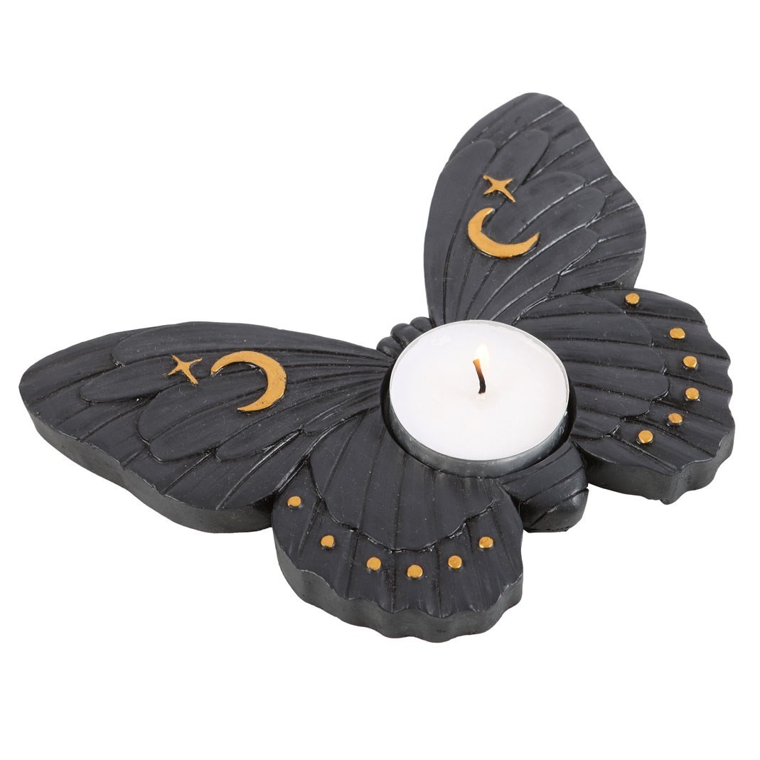 Black Midnight Moth Tealight Candle Holder Luna Dark Stars Moon Gothic
