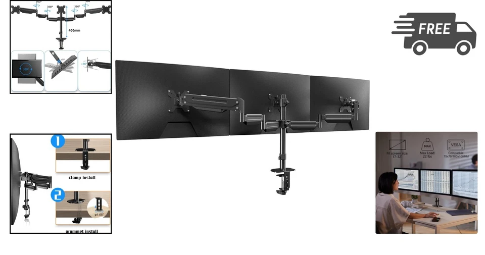 Triple Monitor Mount Stand for 17 to 32 Inch Screens with Gas Springs Clamp - Image 2 of 4