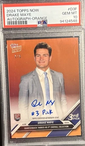 2024 Topps Now Drake Maye #D3 Orange 2/5  GEM  PSA 10  AUTO  #3 PICK