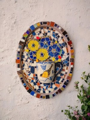 Handmade 3D Mosaic Mixed Media Art with Flowers and Cup, Original OOAK