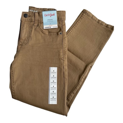 Cat & Jack Boys Size 8 Stretch Straight Jeans Khaki Wash Adj Waist Mid Rise NWT