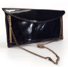 Vintage 1970s Black Patent Clutch Purse Gold Bar Accent Tuck In Chain Bag