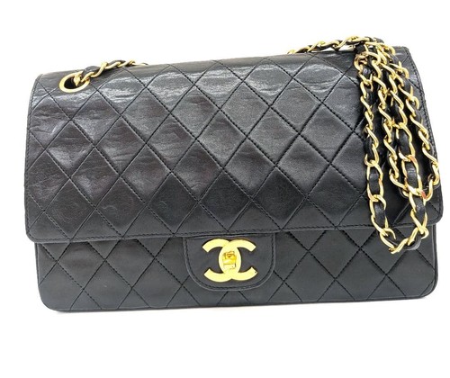 CHANEL Vintage Matelasse 25 W Flap Chain Shoulder Bag Black Lambskin