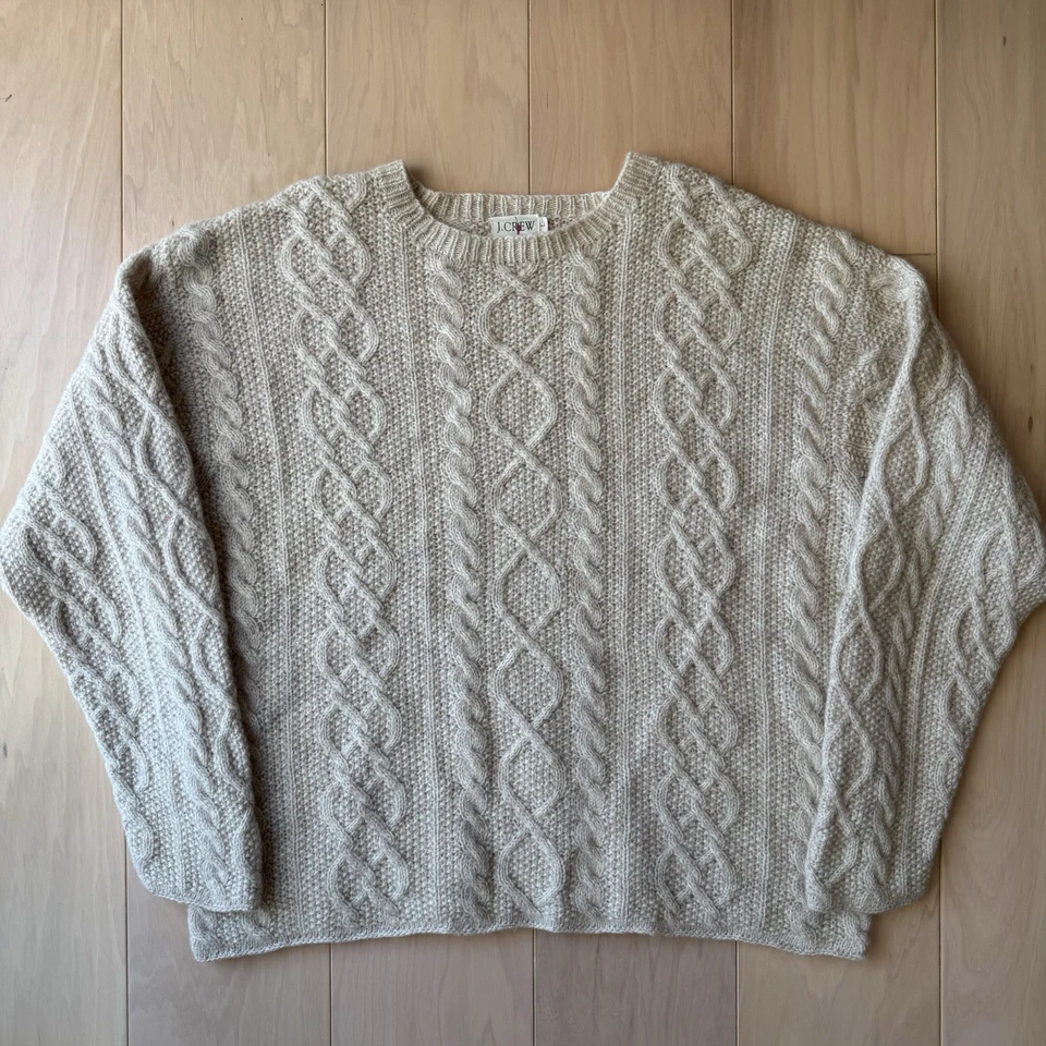Suéter tejido con cable de lana J Crew vintage para mujer L beige pescador remero invierno Foto 2 de 4
