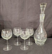 Vintage Crystal Decanter Etched Glass Ship Nautical W Ground Stopper  4 Glasses