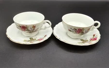 Vintage Floral Tea Cups & Saucers Set of 2 – Pink Roses, Gold Trim, Porcelain