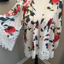 Floral Lace Trim Kimono Cardigan Flounce Sleeve Boho Rose Print Size M