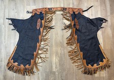 Western Chaps, Custom-Made, Heavy Leather, Hand Tooled Belt, 6" Fringe