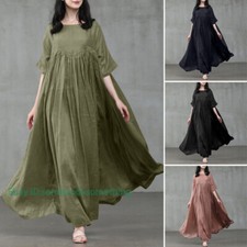 Womens Short Sleeve Cotton Linen Loose Waist Party Swing Maxi Dress PLUS