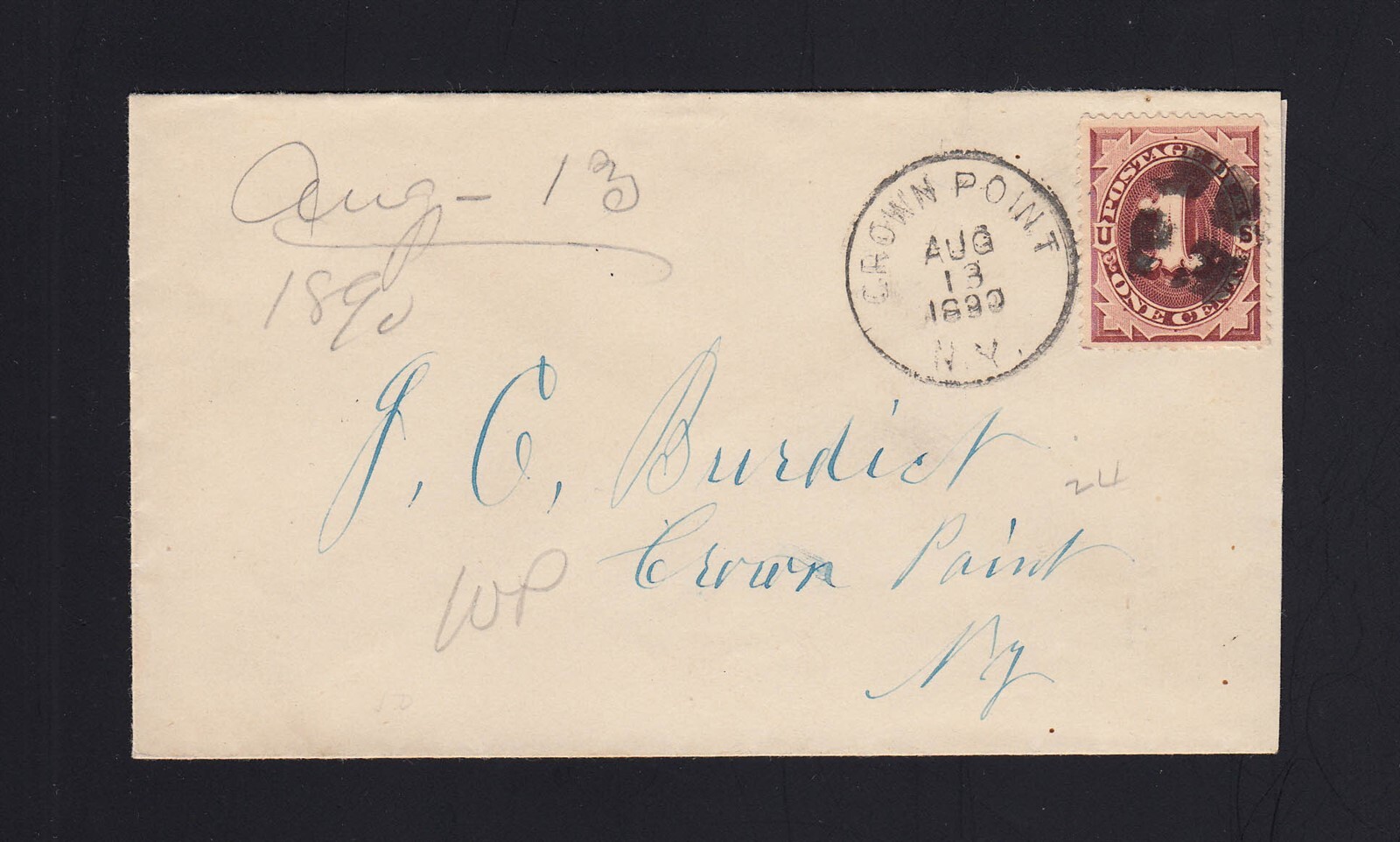 NEW YORK Crown Point, NY 1890 DROP RATE Paid w/1c POSTAGE DUE