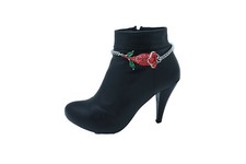 Women Silver Chain Boot Bracelet Heel Shoe Red Flower Charm