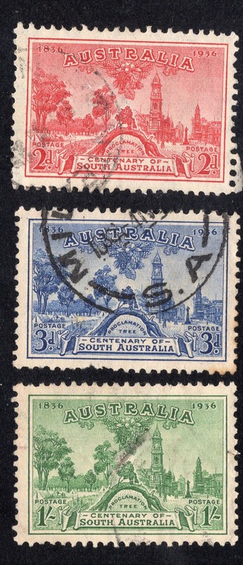 Australia 1936 South Australia Centenary Set, Scott 159-161 used, value = $15.35