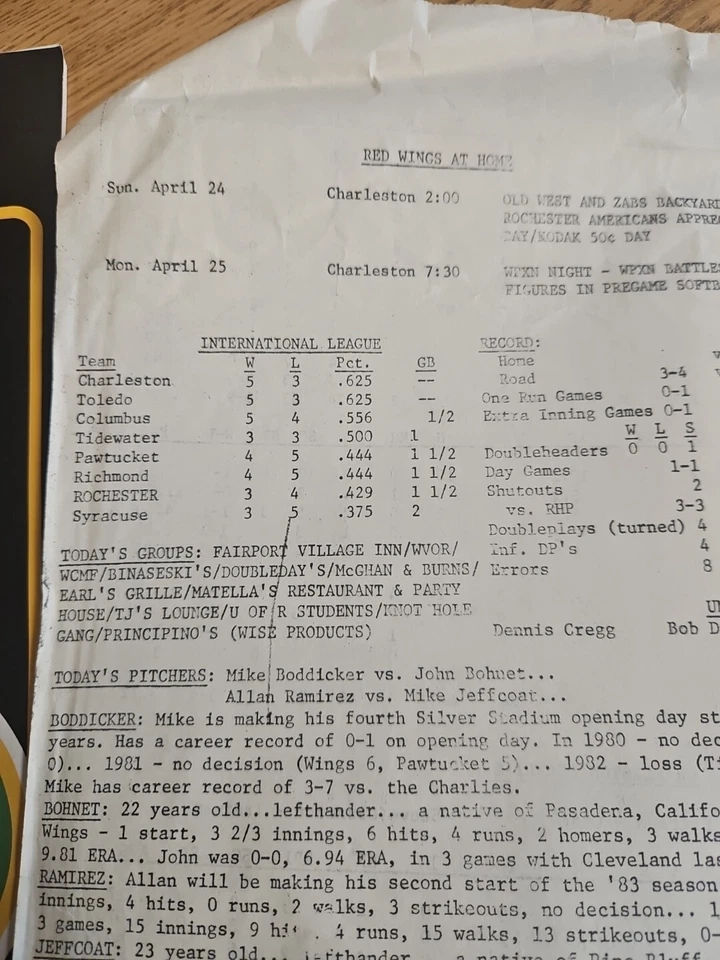 Vintage 4/23/1983 Rochester Red Wings Charleston Charlies Program With Notes AAA - Image 4 of 4
