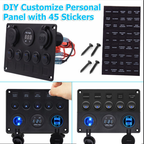 5 Gang 12v Toggle Rocker Switch Panel Dual Usb For Car Boat Marine, Blue Led - Afbeelding 6 van 13