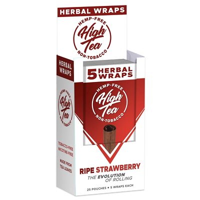 High Tea Wraps RIPE STRAWBERRY Flavor 125 Wraps Total (Full Box, 25 Pouches)
