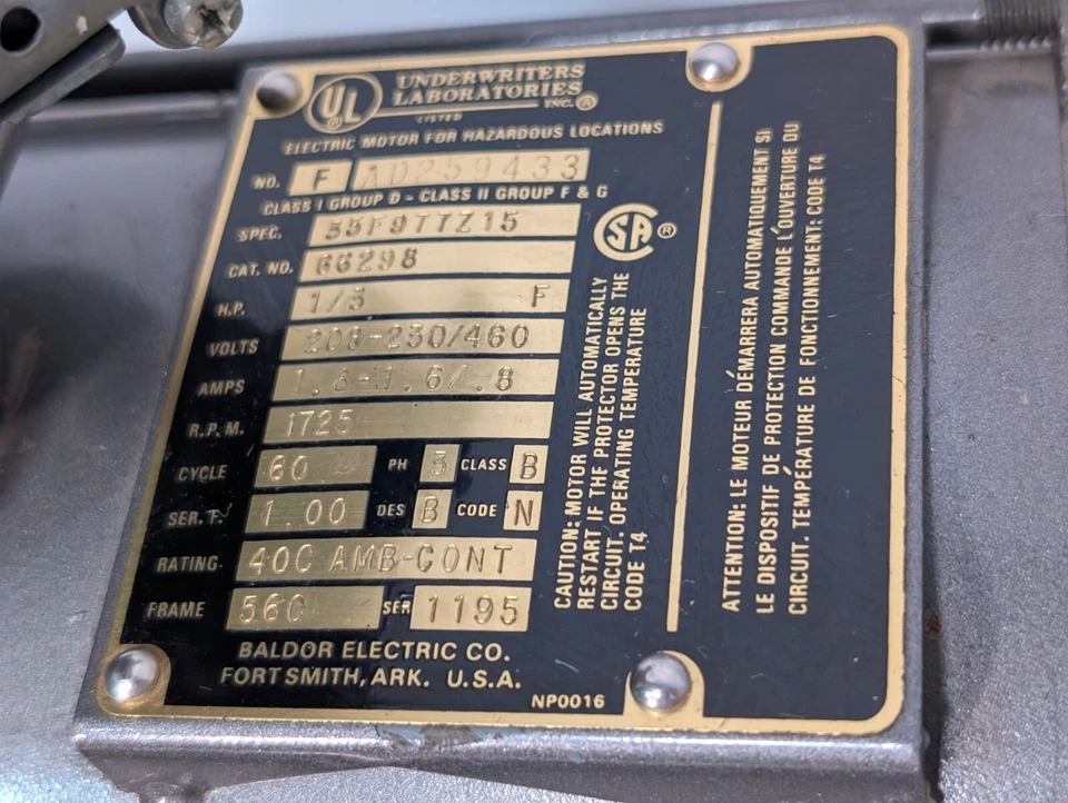 Baldor 66298 Hazardous Locations Electric Motor, 1/3hp, 1725rpm, 56C, 35F977Z15 - Image 2 of 4