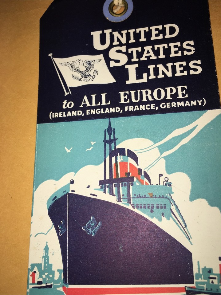 United States Lines All Europe Cabin Class Baggage Room Tag Luggage