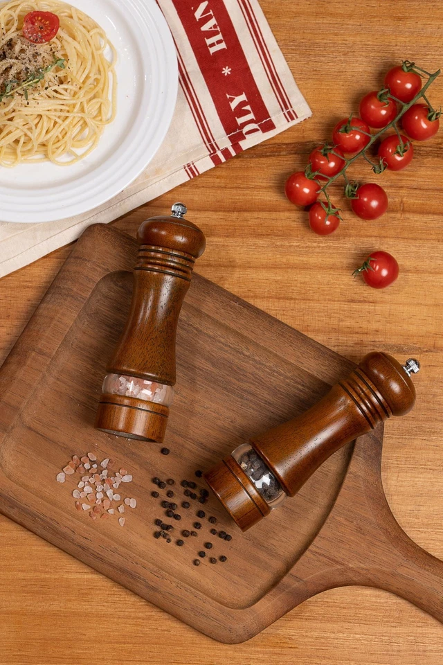 Paquete de 2 molinillos/molinillos de sal para cocinar pimienta madera visible tosquedad ajustable Foto 3 de 4