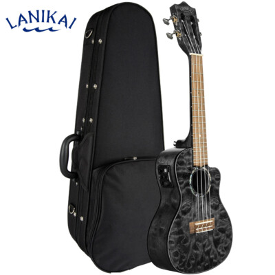 Lanikai QM-BKCEC Quilted Maple Black Stain Concert A/E Ukulele with Foam Case