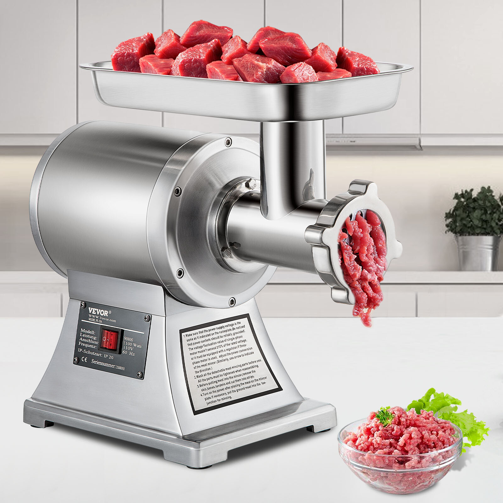 Broyeur de viande 850W à gros débit avec grille inox de 8mm