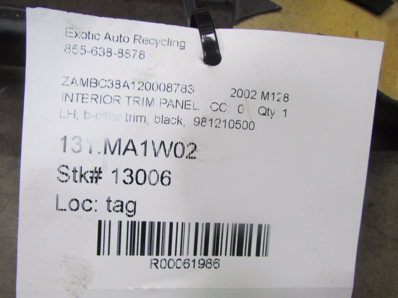 Maserati Coupe, LH, Left Trim Panel, B Pillar, Black, Used, P/N 981210500