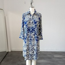 Cabi Shift Shirtdress Blue Cream S business casual preppy Printed 3/4 Sleeves