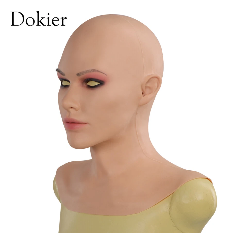 Máscara femenina de silicona Dokier máscaras de cabeza completa capuchas con cuello para travesti  Foto 3 de 4