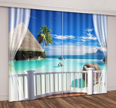 3D  Paradise Beach Scene Photo Printing Window Curtains Blockout Drapes Fabric