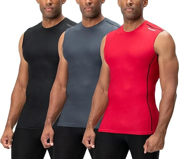 3 Pack Black/Gray/Red Men's Baselayer Athletic Compression Shirts Sleeveless