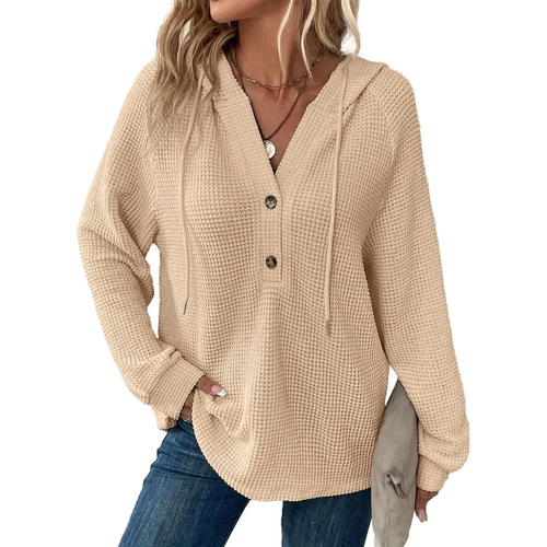 Women's hooded waffle knit button V-neck long sleeved sweater sweatshirt top- - Bild 6 von 43