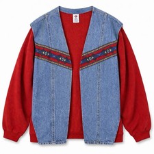 Jerzees Womens Red Denim Tribal Jacket Open Front Reworked 90s 3XL Handmade Vtg