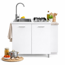 Mini Cucina Completa 80x60 Salvaspazio 2 Fuochi Gas Lavello Acciaio Ruote Bianco