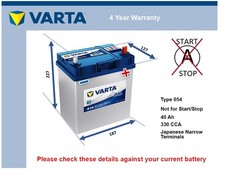 Battery fits HONDA JAZZ 1.2 1.3 1.4 1.5 2002 on Varta 054 330A 40Ah Quality New