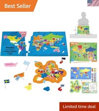 Multicolored World Map Puzzle with Flags  Capitals: Kids Educational Fun
