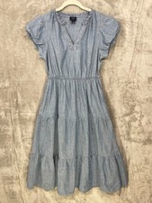 J.Crew Willa Midi Dress Size 8 Chambray Blue Tiered Pockets Flutter Sleeve VNeck