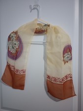 Vintage 1970s Sheer Floral Chiffon Scarf Rust Ombre Medallion Stripe Oblong 8x44