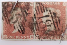 GB SC 3 PENNY 1d Red Brown Pair Used Imperf FB FC 1841 183 NUMERAL CANCEL