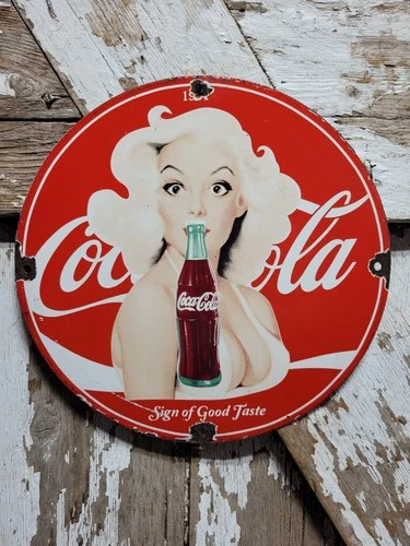 VINTAGE COCA-COLA PORCELAIN SIGN OLD 1951 MARILYN MONROE COKE SODA BEVERAGE 12"