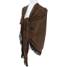 NINA LEONARD Plaid Print Fringe Shawl Wrap Scarf Brown Tan Classic Quiet Luxury