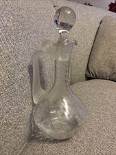 Romanian Tall  Swirl Patten Crystal  Decanter  With Stopper  And  Frosted Handle