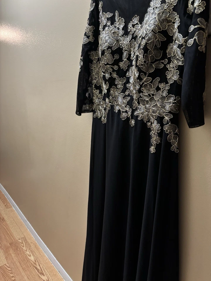 $299 Vestido Betsy & Adam Negro Dorado Brooklyn Bordado Manga 3/4 10 NUEVO B026 Foto 4 de 4