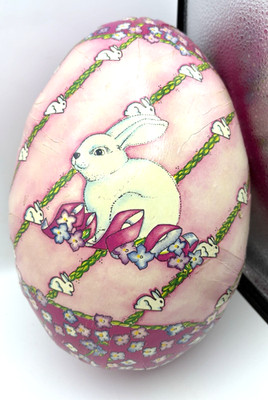VTG Paper Mache Large 11.5  Easter Egg Candy Container Floral Bunny Pink