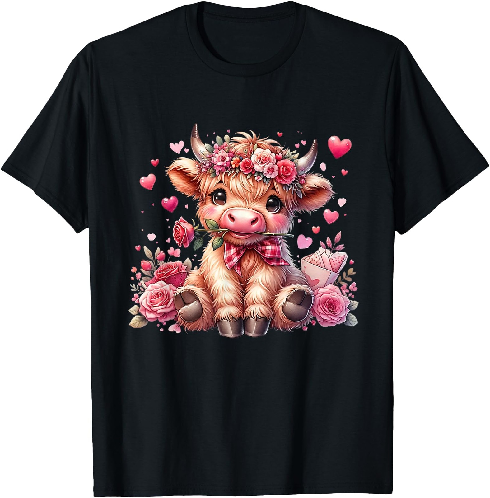 Valentine Highland Cow Print Cute Love Heart Flowers T-Shirt