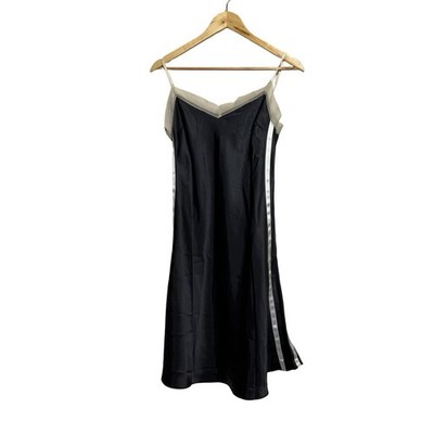 Ange Slip Dress Womens Small Black Satin Mesh Sheer Striped Trim Euro