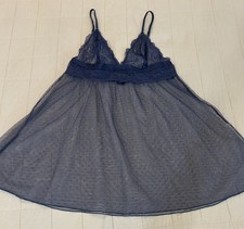 VICTORIA  S SECRET Dotted Sheer Mesh Navy Blue Chemise Nightie Lingerie Small