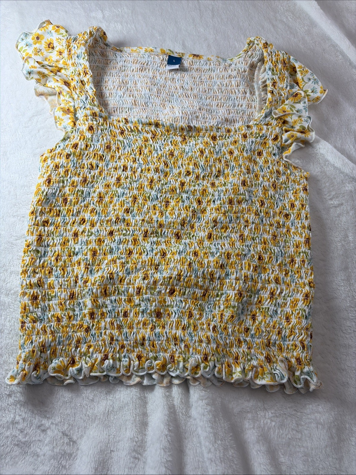 Cropped Top Smocked Blouse Women Large Sunflowers Flutter Sleeve Retro Y2K Boho